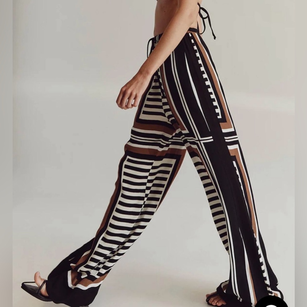 DISSH Black, White & Brown Geometric Stripe Wide Leg Pants